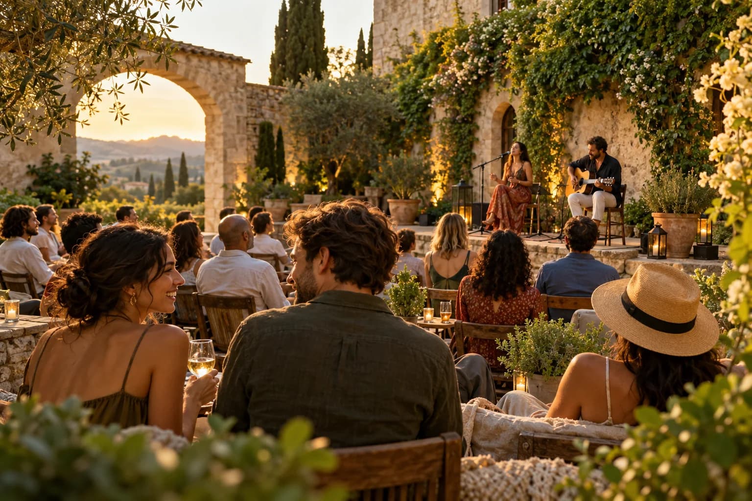People sharing an open-air performance in a warmly lit cultural courtyard