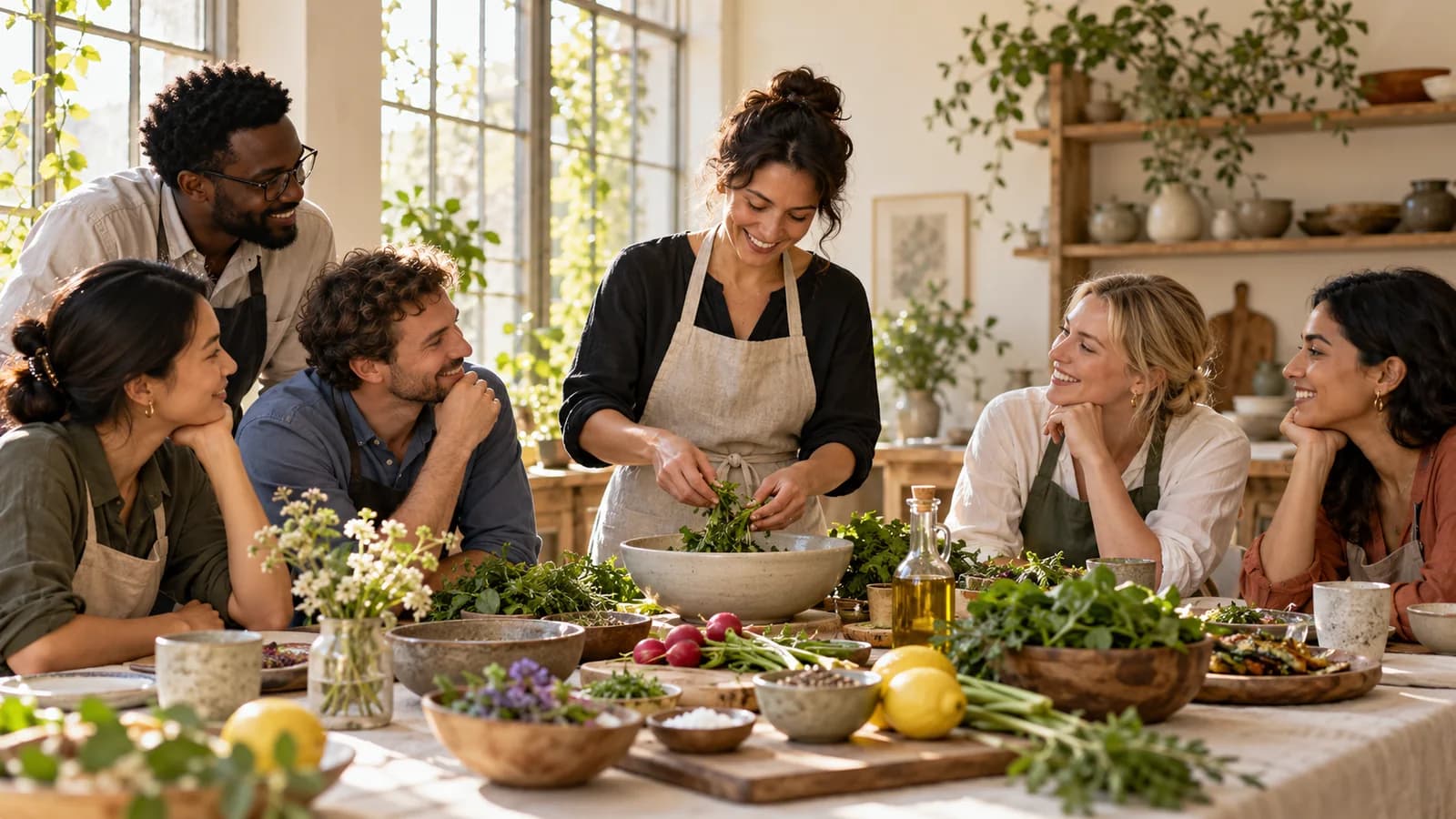 Guests learning and sharing food at an intimate communal workshop